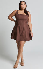 Adiana Mini Dress - Linen Square Neck Shirred Back A Line Dress in Chocolate